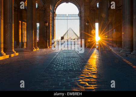 Sunset at gated entry to Musee du Louvre, Paris, France Stock Photo