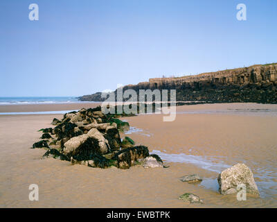 Remains of old fish weir on Lligwy Beach, Moelfre, Anglesey, North Wales, UK Stock Photo