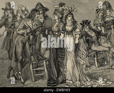 French history. First Empire (1804-1820). Dressed as bourgeois fashion empire style. Engraving. 19th century. Stock Photo