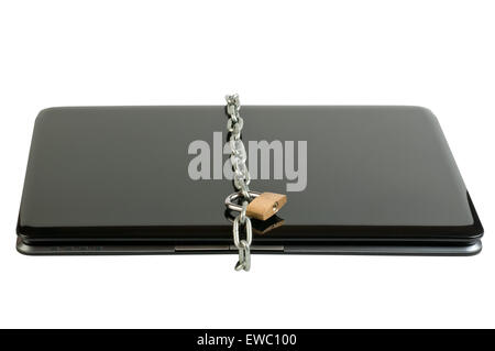 Laptop lock with chains isolated on the white background. Stock Photo
