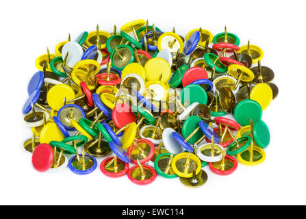 A pile of multicoloured drawing pins (thumb tacks) on a white background. Stock Photo