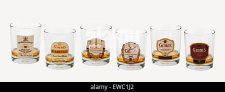 Grants whisky glasses, set of six showing the bottle labels Stock Photo