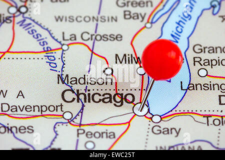 Close-up of a red pushpin on a map of Chicago, USA Stock Photo