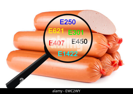 Unhealthy food concept - chemical additives in food. Sausages on white background Stock Photo