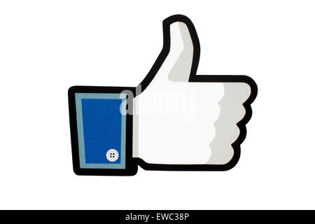 GDANSK, POLAND - MAY 26, 2015. Facebook like logo printed on paper and placed on white background. Facebook is an online social Stock Photo