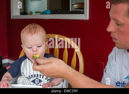 Wheat Ridge, Colorado - Adam Hjermstad feeds is 10-month-old son, Adam Hjermstad Jr. Stock Photo