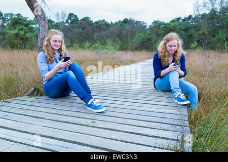 Two caucasian teenage girls operating mobile phones on wooden path in nature Stock Photo