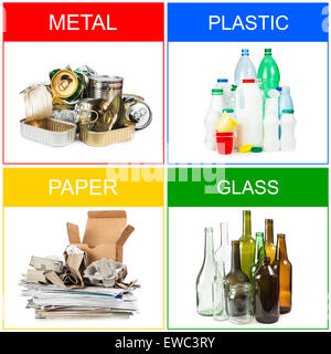 A selection of garbage for recycling. Segregated metal, plastic, paper and glass Stock Photo