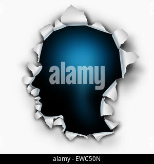 Inside of you human thinking concept as a paper burst hole with ripped torn edges shaped as a head on a white sheet that has been punctured or punched open as a symbol for understanding the mind and brain function or feelings and emotion. Stock Photo