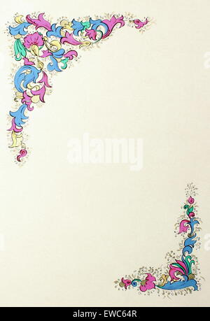 The ancient parchment hand painted, used ink colored in floral motif. Stock Photo