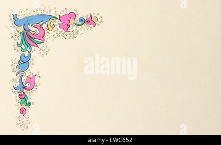 The ancient parchment hand painted, used ink colored in floral motif. Stock Photo
