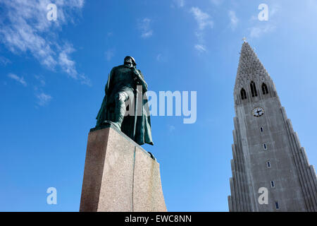 statue of explorer lief eriksson in front of Hallgrimskirkja church Reykjavik church of iceland Stock Photo