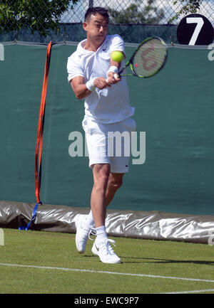 Wimbledon, London, UK. 22nd June, 2015. Bank of England Sports Grounds Roehampton London England 22nd JUne 2015. Picture shows Jimmy Wang of Chinese Taipei who beat Pedro Cachin of Argentina 4-6 6-3 7-5. Wang reached the third round of the main draw at Wimbledon last year, a career highlight for the 30-year-old. The qualifying competition for The Championships began today - a week before the main event. there is no single 'winner' of Qualifying, instead the players who win all three rounds - 16 in the Gentlemen's Singles and 12 in the Ladies' Singles - will progress, along with four pairs in e Stock Photo