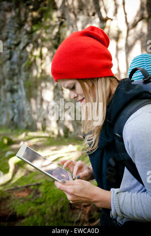 A young woman works on her tablet while walking through the forest. Stock Photo