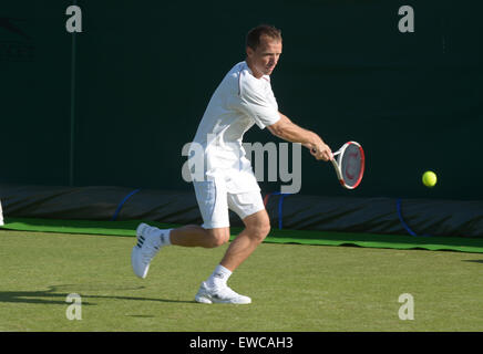 Wimbledon, London, UK. 22nd June, 2015. Bank of England Sports Grounds Roehampton London England 22nd JUne 2015. Picture shows Jaroslav Pospisil who was beaten by Dan Evansof England 7-6(5) 7-6(2). Pospisil (born 9 February 1981) is a Czech tennis player playing on the ITF Futures Tour and ATP Challenger Tour. On 23 May 2011 he reached his highest ATP singles ranking of World No. 103. The qualifying competition for The Championships began today - a week before the main event. there is no single 'winner' of Qualifying, instead the players who win all three rounds - 16 in the Gentlemen's Singles Stock Photo