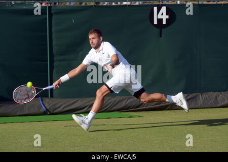 Wimbledon, London, UK. 22nd June, 2015. Bank of England Sports Grounds Roehampton London England 22nd JUne 2015. Picture shows Dan Evans who beat Jaroslav Pospisil 7-6(5) 7-6(2). Daniel 'Dan' Evans (born 23 May 1990) is a former British No. 2 Evans made his Davis Cup debut for Great Britain in September 2009. He is from Hall Green, Birmingham, England. The qualifying competition for The Championships began today - a week before the main event. there is no single 'winner' of Qualifying, instead the players who win all three rounds - 16 in the Gentlemen's Singles and 12 in the Ladies' Singles - Stock Photo