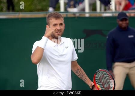 Wimbledon, London, UK. 22nd June, 2015. Bank of England Sports Grounds Roehampton London England 22nd JUne 2015. Picture shows Dan Evans celebrating his win over Jaroslav Pospisil 7-6(5) 7-6(2). Daniel 'Dan' Evans (born 23 May 1990) is a former British No. 2 Evans made his Davis Cup debut for Great Britain in September 2009. He is from Hall Green, Birmingham, England. The qualifying competition for The Championships began today - a week before the main event. there is no single 'winner' of Qualifying, instead the players who win all three rounds - 16 in the Gentlemen's Singles and 12 in the La Stock Photo