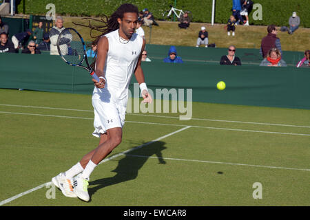 Wimbledon, London, UK. 22nd June, 2015. Bank of England Sports Grounds Roehampton London England 22nd JUne 2015. Picture shows German Dustin Brown, seeded 12th for qualifying who beat Adrian Ungur in a dominant performance. Brown won 6-1 6-2. The qualifying competition for The Championships began today - a week before the main event. there is no single 'winner' of Qualifying, instead the players who win all three rounds - 16 in the Gentlemen's Singles and 12 in the Ladies' Singles - will progress, along with four pairs in each of the Ladies' and Men's Doubles events. © mainpicture/Alamy Live N Stock Photo