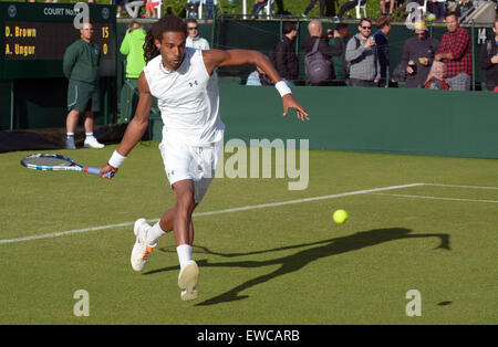 Wimbledon, London, UK. 22nd June, 2015. Bank of England Sports Grounds Roehampton London England 22nd JUne 2015. Picture shows German Dustin Brown, seeded 12th for qualifying who beat Adrian Ungur in a dominant performance. Brown won 6-1 6-2. The qualifying competition for The Championships began today - a week before the main event. there is no single 'winner' of Qualifying, instead the players who win all three rounds - 16 in the Gentlemen's Singles and 12 in the Ladies' Singles - will progress, along with four pairs in each of the Ladies' and Men's Doubles events. © mainpicture/Alamy Live N Stock Photo