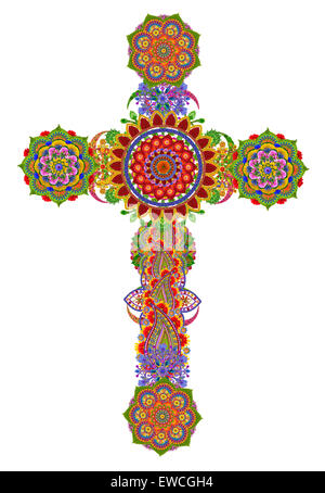 Sacred gentle cross of my God and Messiah Jesus Christ made from summer flowers. Isolated handmade collage Stock Photo