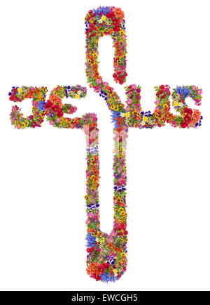 Sacred gentle cross with  Jesus Christ name made from summer flowers. Isolated handmade collage Stock Photo