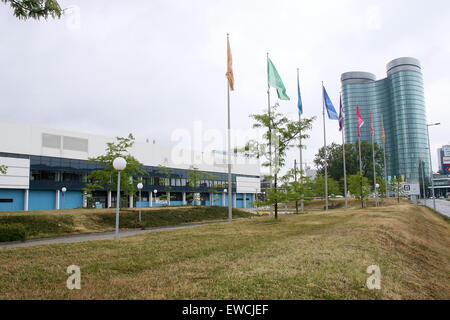 Jaarbeurs hallen grounds, Van Zijstweg, Utrecht, Netherlands. Start & Finish of 2015 Tour de France. Rabobank HQ in background Stock Photo