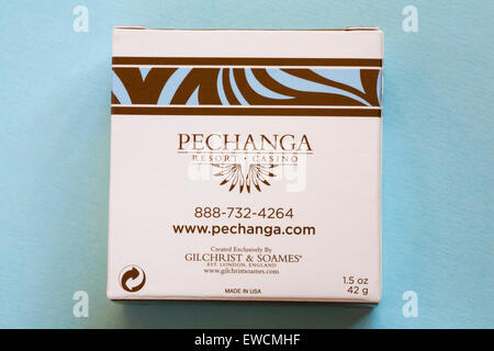 Spa Pechanga resort casino bar of soap created exclusively by Gilchrist & Soames isolated on pale blue background Stock Photo