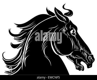 Original drawing of a horse head in a vintage wood cut wood block style Stock Photo