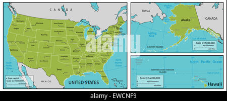 A map of America with all state names, state capitals and other major cities. Organised in vector version in easy to use layers. Stock Photo