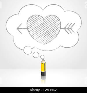 Yellow Lead Pencil Pencil with Reflection Drawing Cupid's Arrow through Heart Icon in Fluffy Cloud Shaped Think Bubble on Grey B Stock Photo