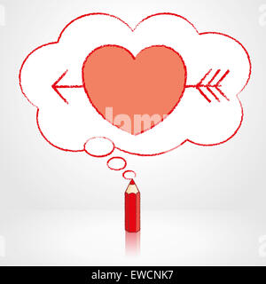 Red Pencil with Reflection Drawing Cupid's Arrow through Heart Icon in Fluffy Cloud Shaped Think Bubble on Grey Background Stock Photo