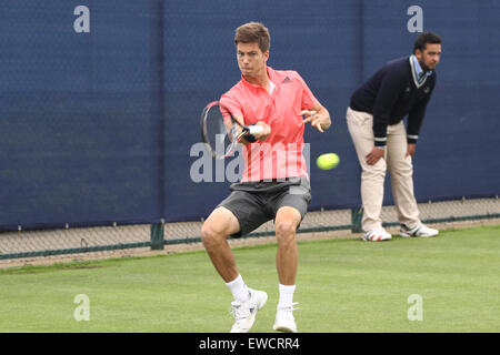 Nottingham, UK. 23rd June, 2015. Aegon Nottingham Open Tennis Tournament. Forehand from Aljaz Bedene (Great Britain) in his match against Adrian Mannarino (France) Credit:  Action Plus Sports/Alamy Live News Stock Photo