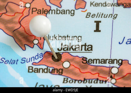 Close-up of a white pushpin on a map of Jakarta, Indonesia Stock Photo