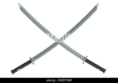 Two crossed Japanese samurai katana swords isolated on white background Stock Photo