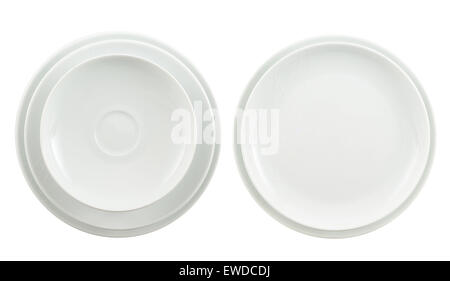 Round ceramic white plate stack isolated Stock Photo