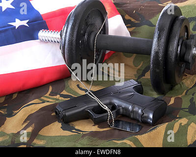 fit for Military service?  Concept image, weights, camo camouflage replica gun dog-tag Stock Photo