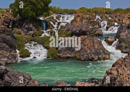 The TAM I DAENG WATERFALL is off the beaten track on the MEKONG RIVER in the 4 Thousand Islands Area (Si Phan Don) near DONE KHO Stock Photo