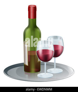 Red wine bottle and wine glasses on a silver tray or platter Stock Photo