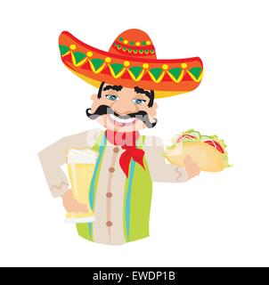 Mexican man holding a cold beer and a taco Stock Vector