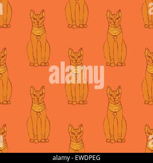 Sketch Egyptian cat in vintage style, vector seamless patter Stock Vector