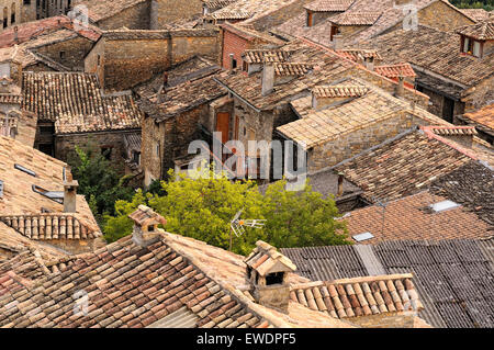 Horizontal picture of nice old houses in Ainsa, Pyrenees. Aragón. Spain. Stock Photo