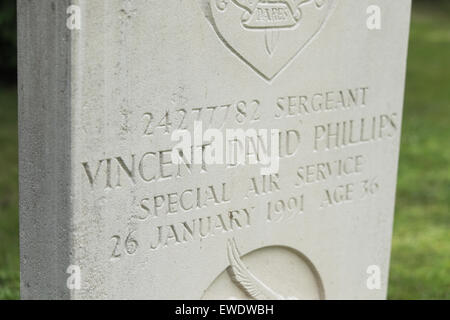 Grave headstone of SAS Regiment soldier Vincent David Phillips in Hereford - Vince Phillips died in January 1991 in the Gulf War Stock Photo