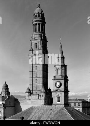 Victoria Tower of the Municipal Buildings and spire of Wellpark Mid-Kirk in Greenock Inverclyde District Scotland Stock Photo