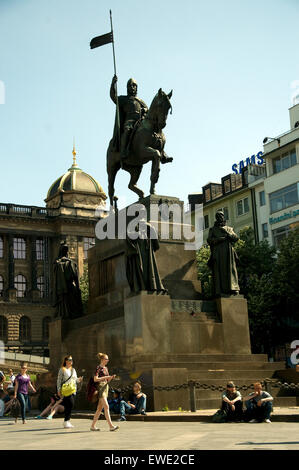 Equestrian statue in Prague of Wenceslas, patron saint of the Czech Republic, sculpted by Josef Vaclav Mysibek (1848-1922)