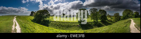 Panorama of the North East quadrant of Avebury Neolithic henge and stone circles in Wiltshire, UK Stock Photo