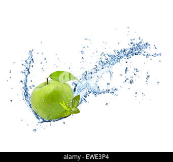 Fresh green apple in water splash isolated on white backround Stock Photo
