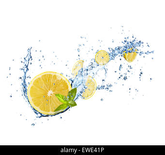 Fresh lemons with water splash, isolated on white background Stock Photo