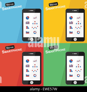 Smartphone with stat icon on different background ( Flat design ) ( Statistic icon : pie chart , bar diagram , line chart , pict Stock Photo