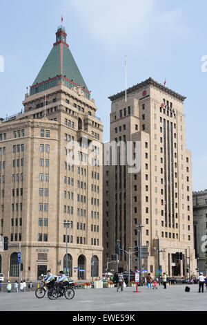 Catay Hotel- Bank of China Old Historic and modern Buildings on The Bund Shanghai  ( European style architecture ) Stock Photo