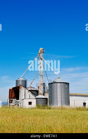 Small grain storage facility in agricultural field with facility to separate different grain silos, Spain. Near Escalona, Stock Photo